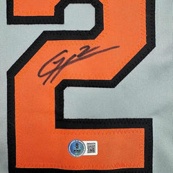Framed Autographed/Signed Gunnar Henderson 35x39 Baltimore Grey Baseball Jersey Beckett BAS COA