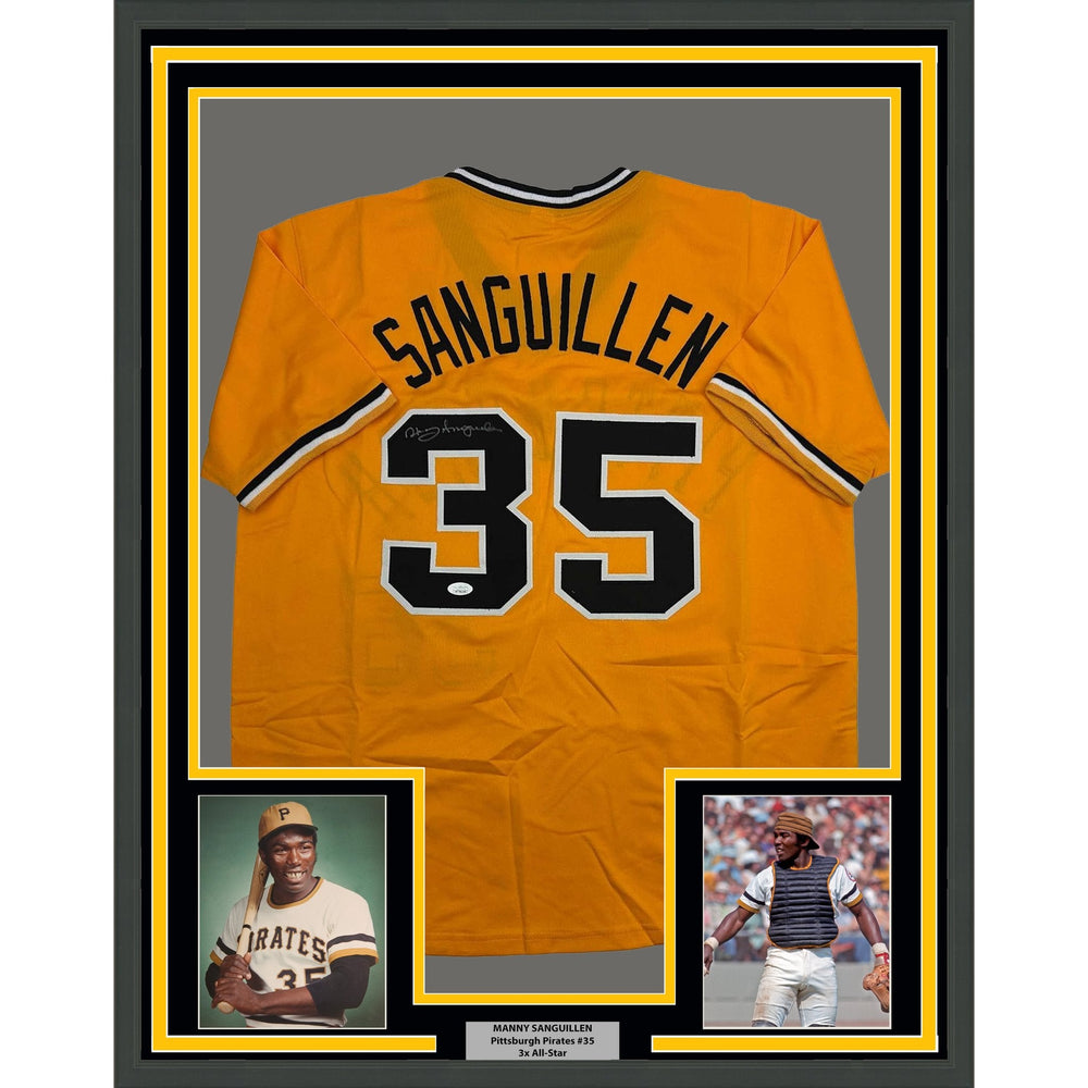 Framed Autographed/Signed Manny Sanguillen 35x39 Pittsburgh Yellow Baseball Jersey JSA COA