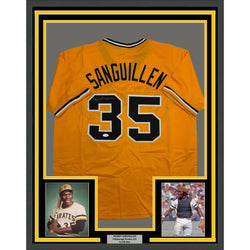 Framed Autographed/Signed Manny Sanguillen 35x39 Pittsburgh Yellow Baseball Jersey JSA COA