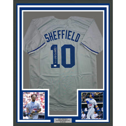 Framed Autographed/Signed Gary Sheffield 35x39 Los Angeles LA Grey Baseball Jersey JSA COA