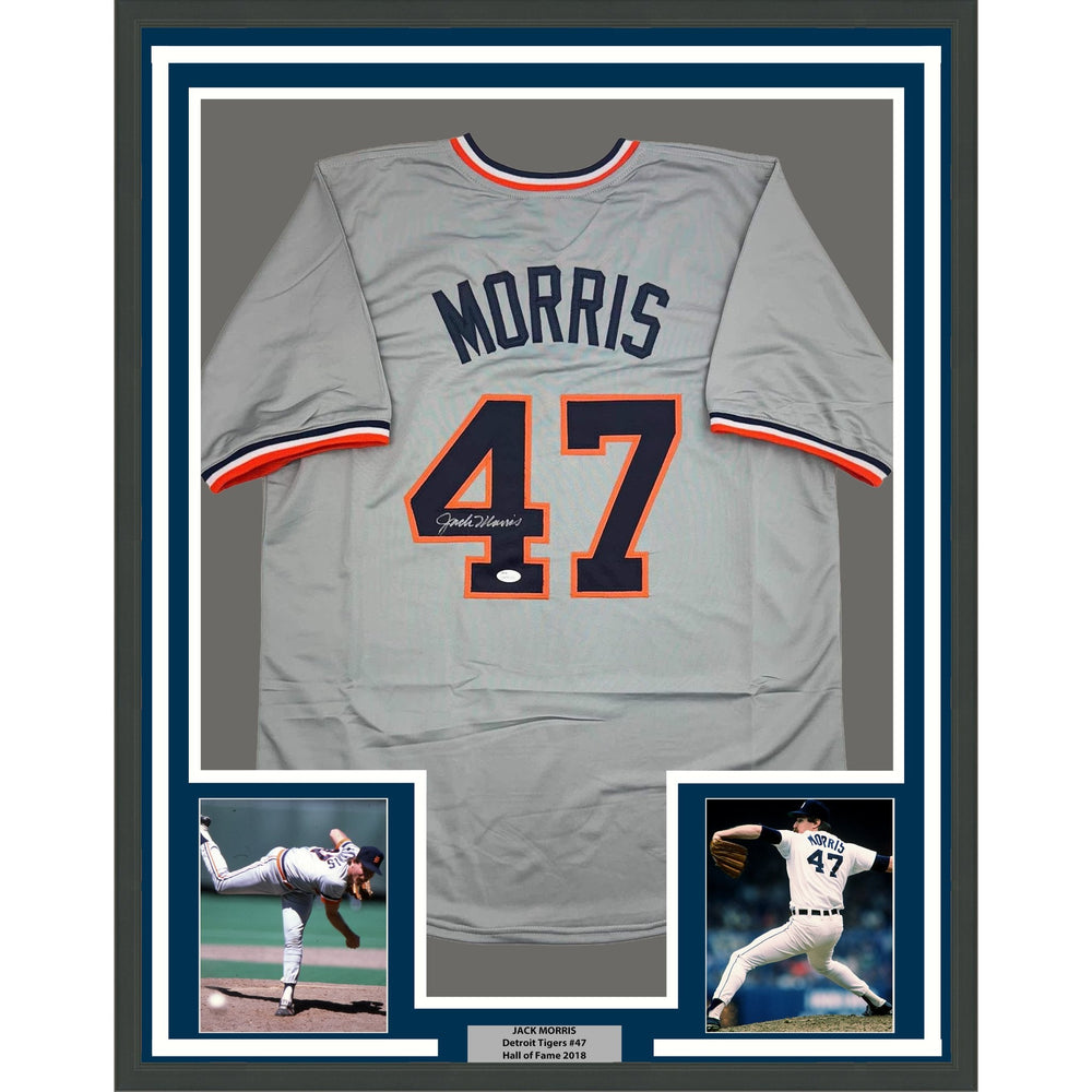 Framed Autographed/Signed Jack Morris 35x39 Detroit Grey Baseball Jersey JSA COA