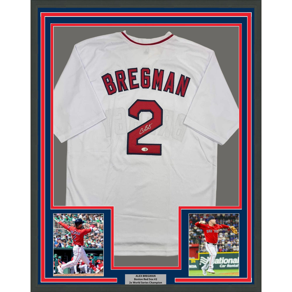 Framed Autographed/Signed Alex Bregman 35x39 Boston White Baseball Jersey JSA COA