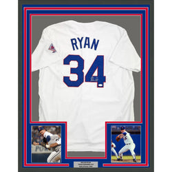 Framed Autographed/Signed Nolan Ryan 35x39 Texas Rangers White Baseball Jersey JSA COA