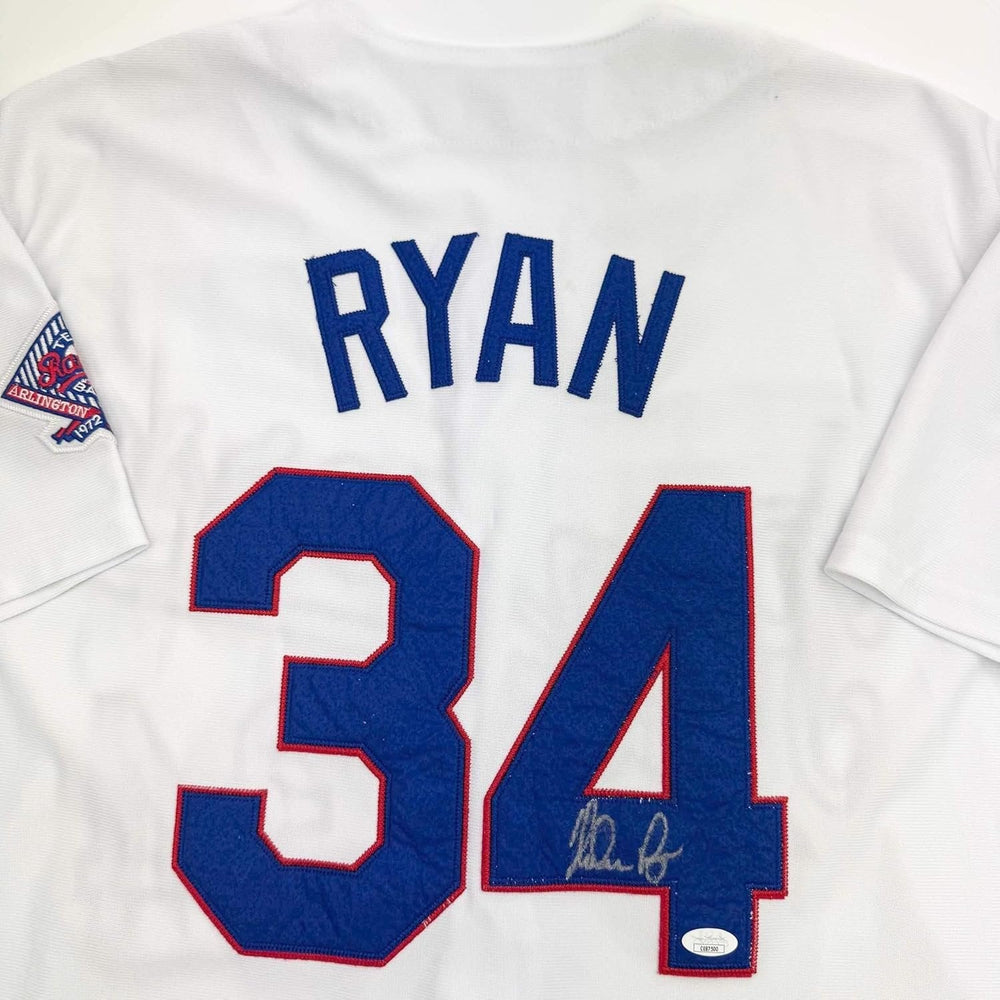 Framed Autographed/Signed Nolan Ryan 35x39 Texas Rangers White Baseball Jersey JSA COA