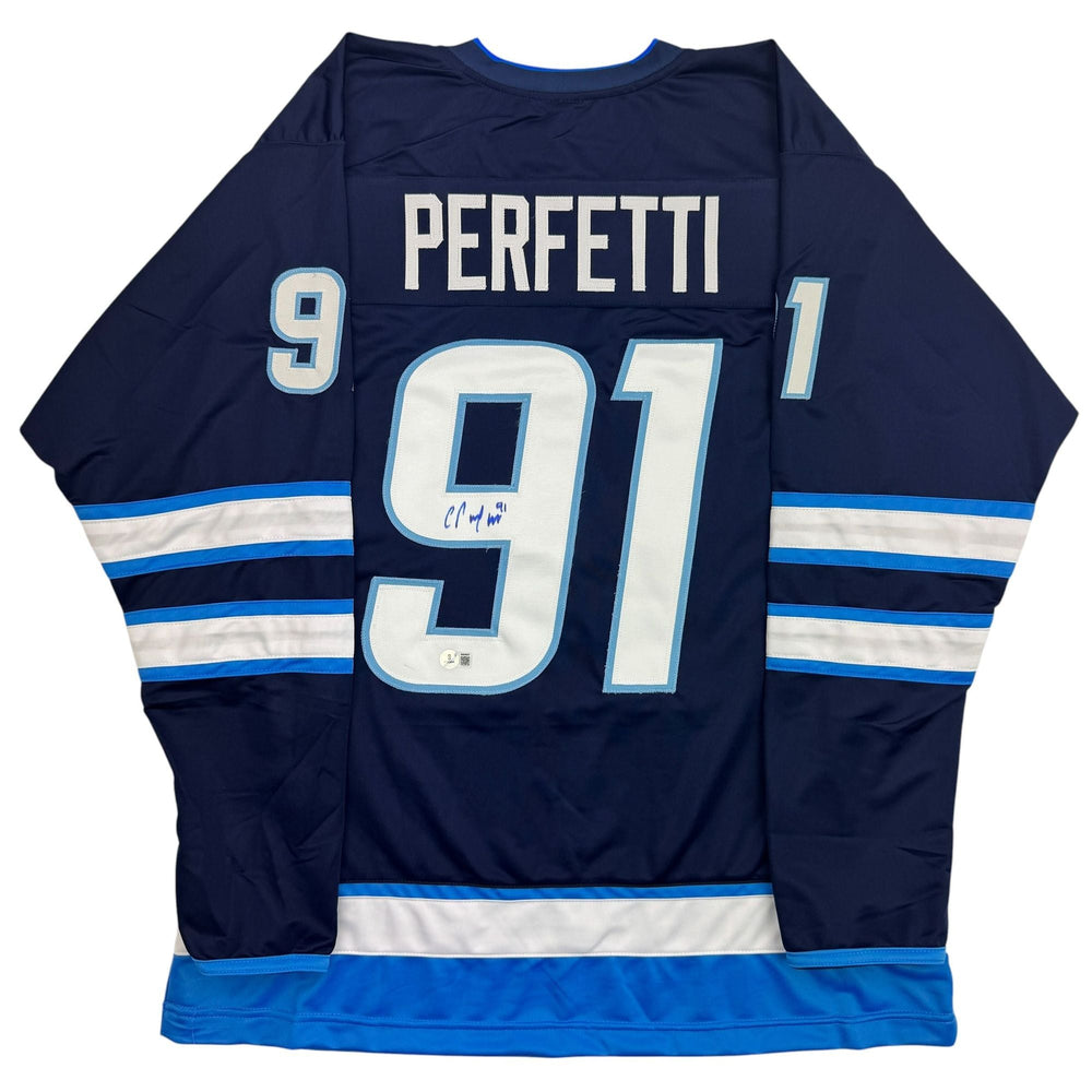Autographed/Signed Cole Perfetti Winnipeg Blue Hockey Jersey Beckett BAS COA (ONLINE ORDER ONLY)