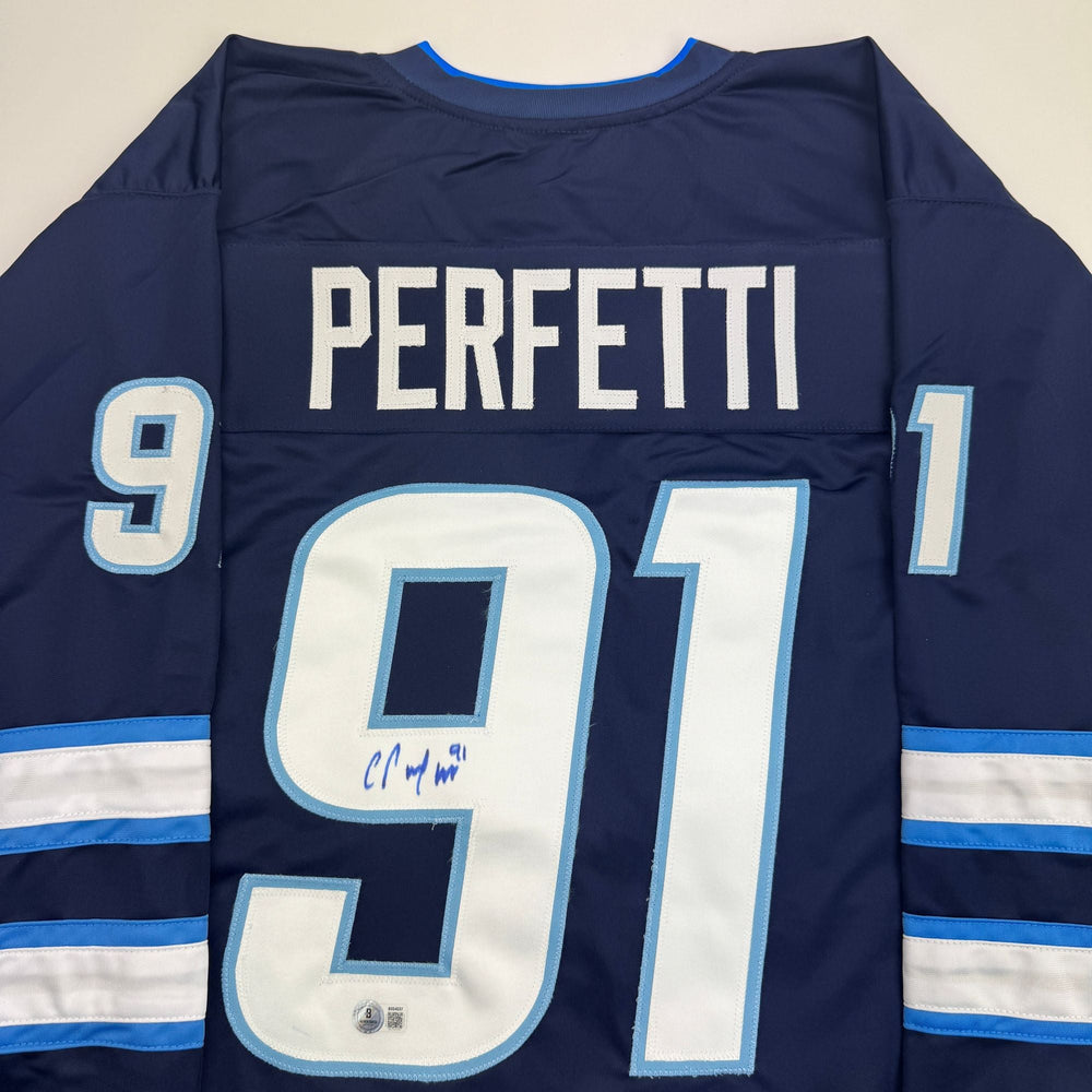 Autographed/Signed Cole Perfetti Winnipeg Blue Hockey Jersey Beckett BAS COA (ONLINE ORDER ONLY)