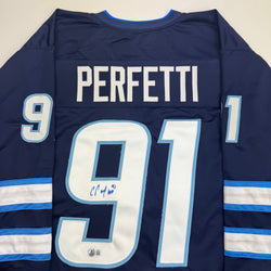 Autographed/Signed Cole Perfetti Winnipeg Blue Hockey Jersey Beckett BAS COA (ONLINE ORDER ONLY)