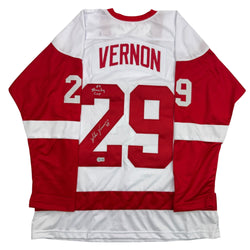 Autographed/Signed Mike Vernon Detroit White Hockey Jersey Beckett BAS COA (ONLINE ORDER ONLY)