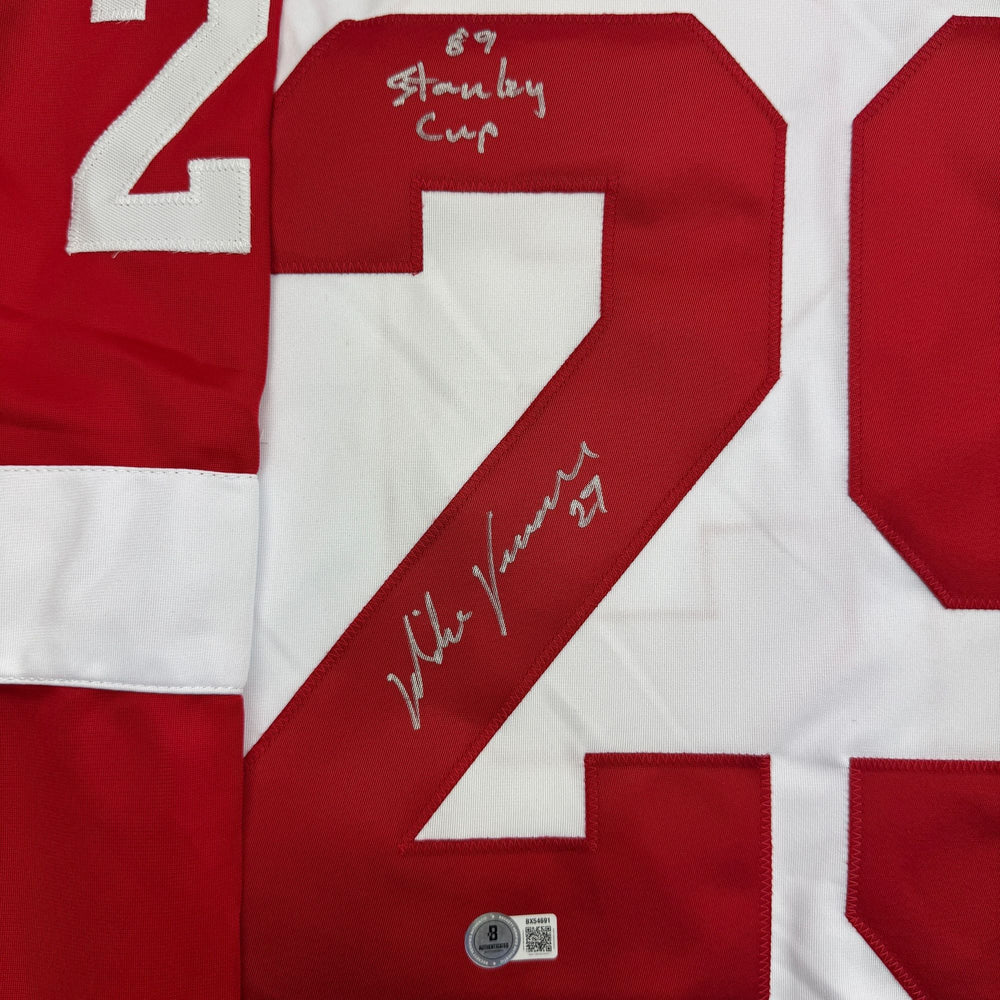 Autographed/Signed Mike Vernon Detroit White Hockey Jersey Beckett BAS COA (ONLINE ORDER ONLY)