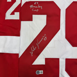Autographed/Signed Mike Vernon Detroit White Hockey Jersey Beckett BAS COA (ONLINE ORDER ONLY)