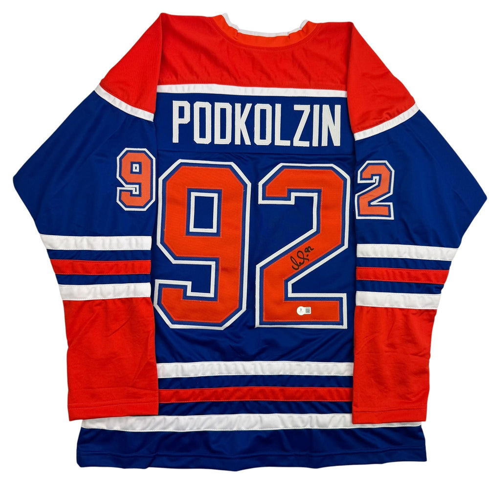 Autographed/Signed Vasily Podkolzin Edmonton Blue Hockey Jersey Beckett BAS COA (ONLINE ORDER ONLY)