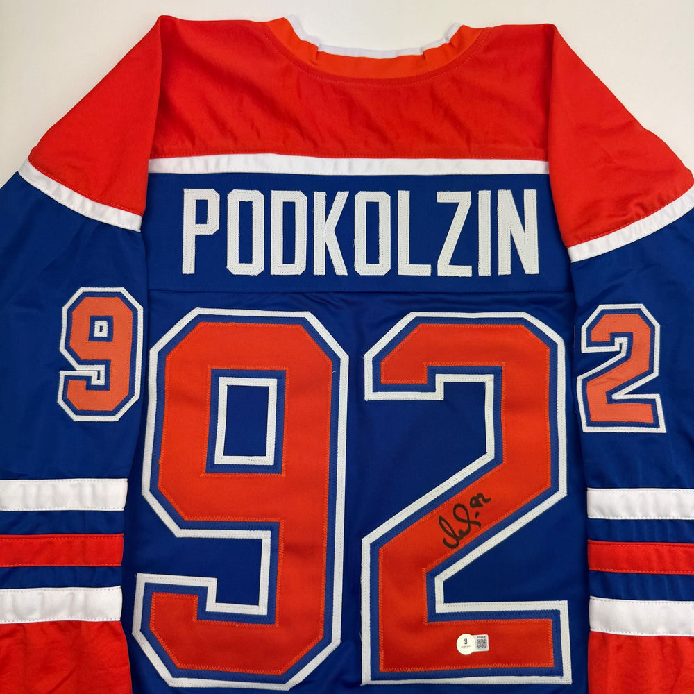 Autographed/Signed Vasily Podkolzin Edmonton Blue Hockey Jersey Beckett BAS COA (ONLINE ORDER ONLY)