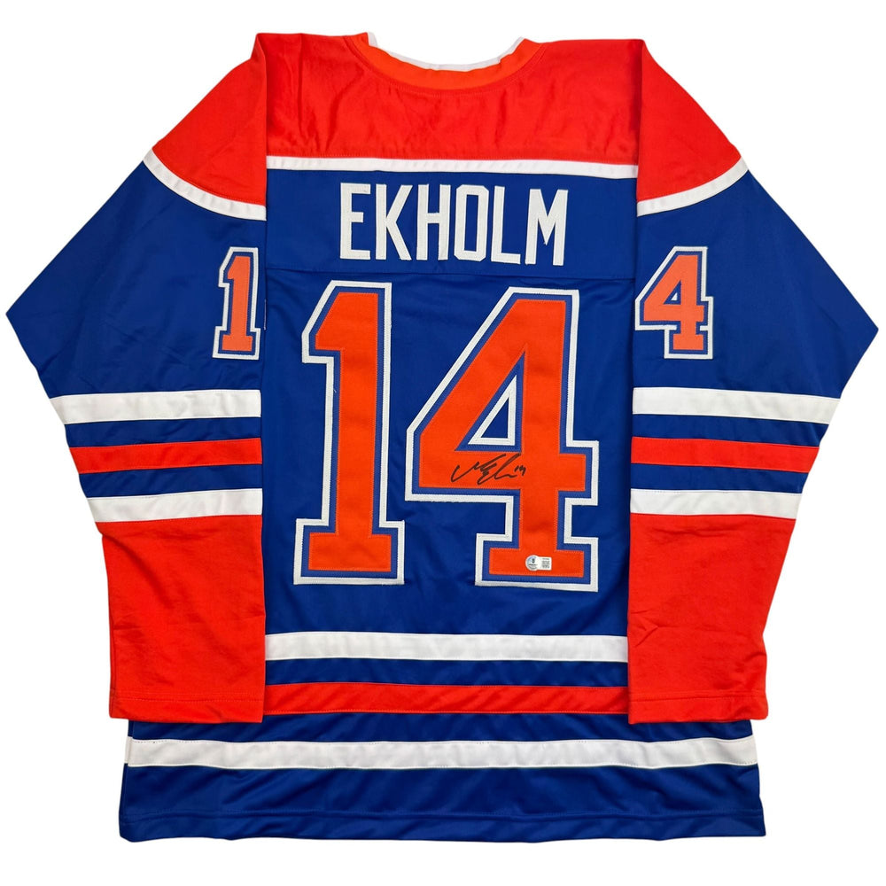 Autographed/Signed Mattias Ekholm Edmonton Blue Hockey Jersey Beckett BAS COA (ONLINE ORDER ONLY)