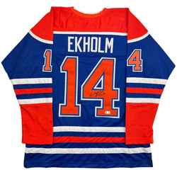 Autographed/Signed Mattias Ekholm Edmonton Blue Hockey Jersey Beckett BAS COA (ONLINE ORDER ONLY)