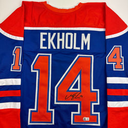 Autographed/Signed Mattias Ekholm Edmonton Blue Hockey Jersey Beckett BAS COA (ONLINE ORDER ONLY)