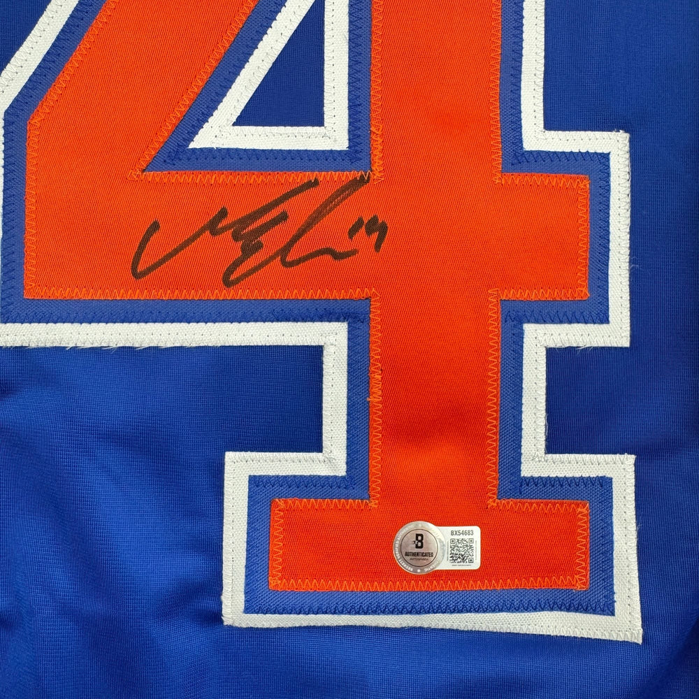 Autographed/Signed Mattias Ekholm Edmonton Blue Hockey Jersey Beckett BAS COA (ONLINE ORDER ONLY)