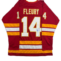 Autographed/Signed Theo Fleury Calgary Red Hockey Jersey Beckett BAS COA (ONLINE ORDER ONLY)
