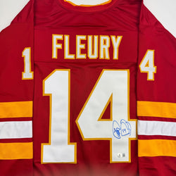 Autographed/Signed Theo Fleury Calgary Red Hockey Jersey Beckett BAS COA (ONLINE ORDER ONLY)