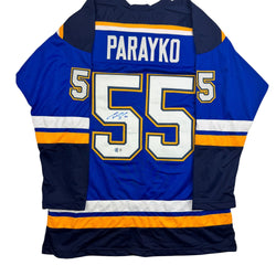 Autographed/Signed Colton Parayko St. Louis Blue Hockey Jersey Beckett BAS COA (ONLINE ORDER ONLY)