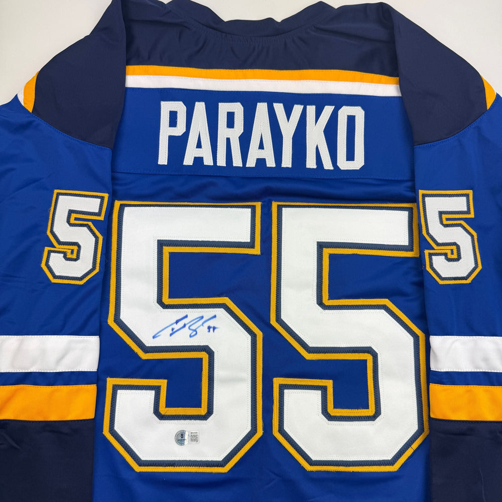 Autographed/Signed Colton Parayko St. Louis Blue Hockey Jersey Beckett BAS COA (ONLINE ORDER ONLY)