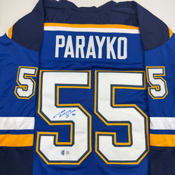 Autographed/Signed Colton Parayko St. Louis Blue Hockey Jersey Beckett BAS COA (ONLINE ORDER ONLY)