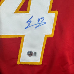Autographed/Signed Connor Zary Calgary Red Hockey Jersey Beckett BAS COA (ONLINE ORDER ONLY)