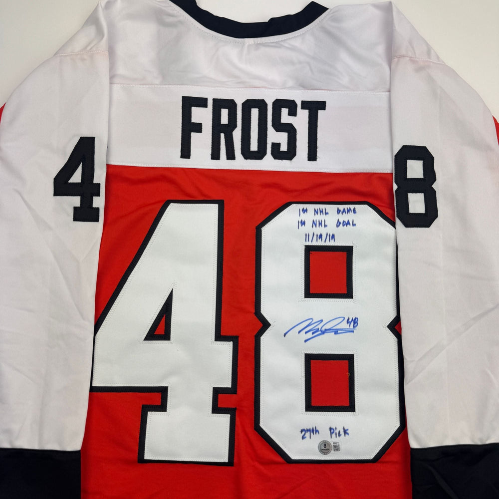 Autographed/Signed Morgan Frost Philadelphia Orange Hockey Jersey Beckett BAS COA (ONLINE ORDER ONLY)
