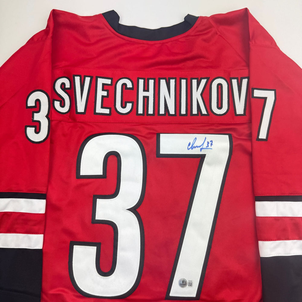 Autographed/Signed Andrei Svechnikov Carolina Red Hockey Jersey Beckett BAS COA (ONLINE ORDER ONLY)