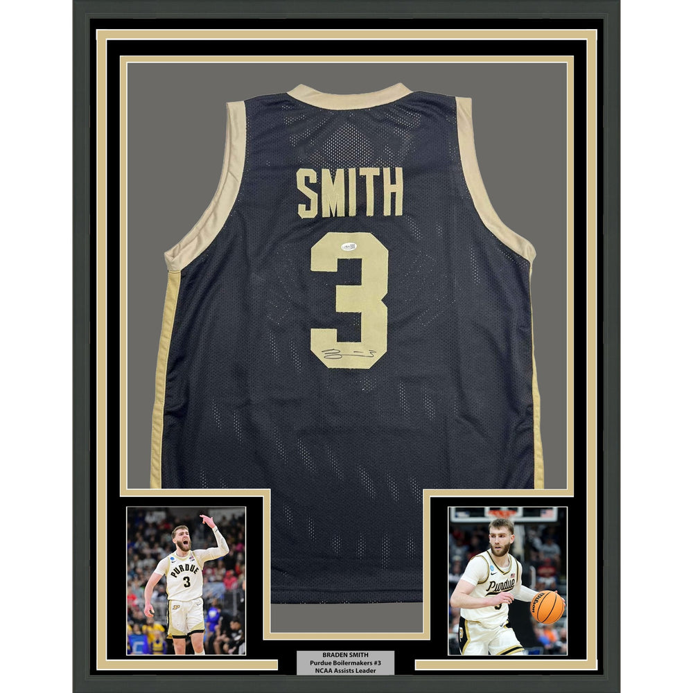 Framed Autographed/Signed Braden Smith 35x39 Purdue Black College Basketball Jersey JSA COA