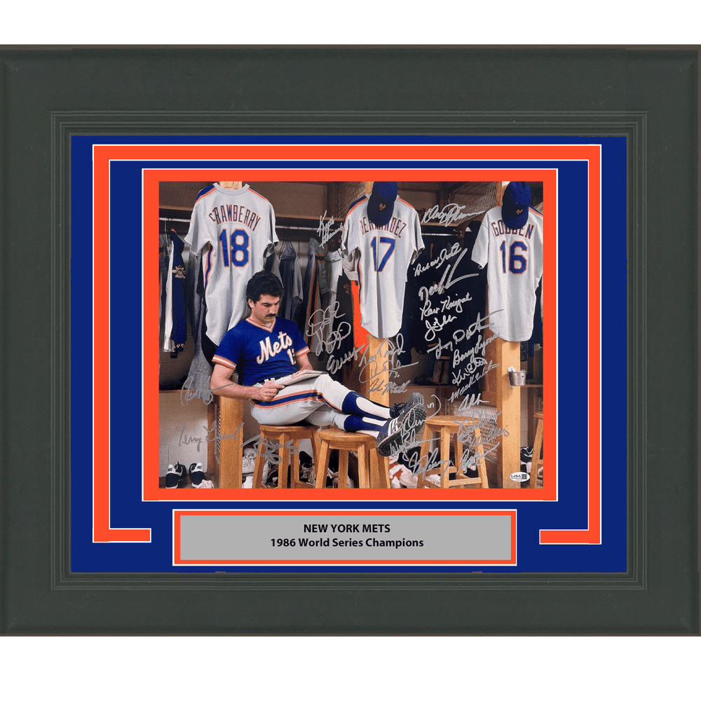 Framed Autographed/Signed 1986 New York Mets Team 26x Sigs World Series Champions 16x20 Baseball Photo JSA COA
