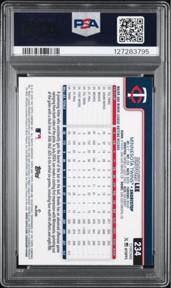 Graded 2025 Topps Chrome Brooks Lee #234 Topps Refractor Rookie RC Baseball Card PSA 10 Gem Mint