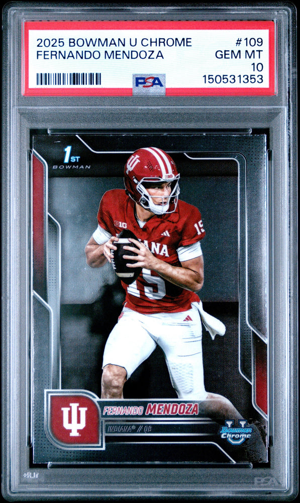 Graded 2025 Topps Bowman University Chrome Fernando Mendoza #109 Rookie RC Football Card PSA 10 Gem Mint