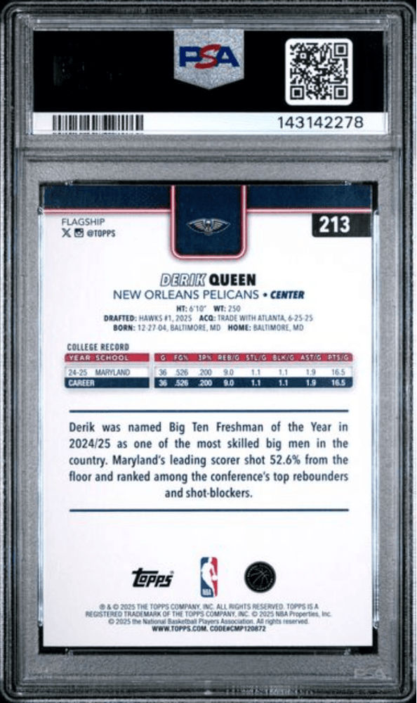 Graded 2025 Topps Derik Queen #213 Rookie RC Basketball Card PSA 10 Gem Mint