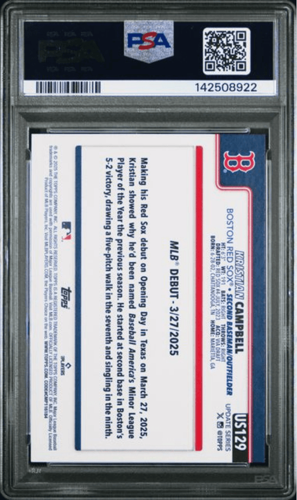 Graded 2025 Topps Update Kristian Campbell #129 Rookie RC Baseball Card PSA 10 Gem Mint