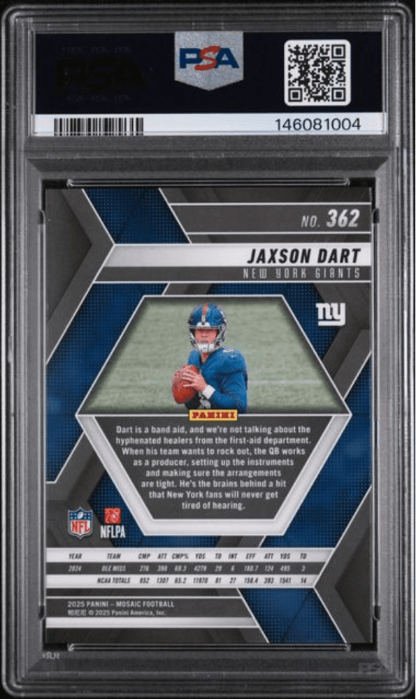 Graded 2025 Panini Mosaic Jaxson Dart #362 Rookie RC Football Card PSA 10 Gem Mint