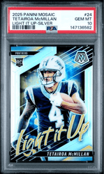 Graded 2025 Panini Mosaic Tetairoa McMillan #24 Light It Up Silver Rookie RC Football Card PSA 10 Gem Mint