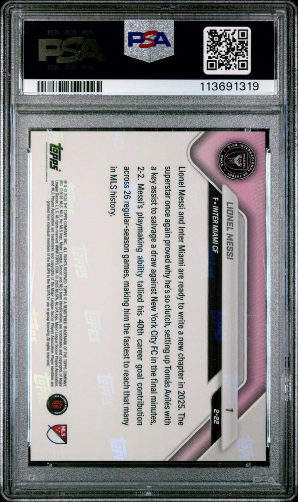 Graded 2025 Topps Now Lionel Messi #1 Fastest MLS Player to 40 Goal Contributions Soccer Card PSA 10 Gem Mint