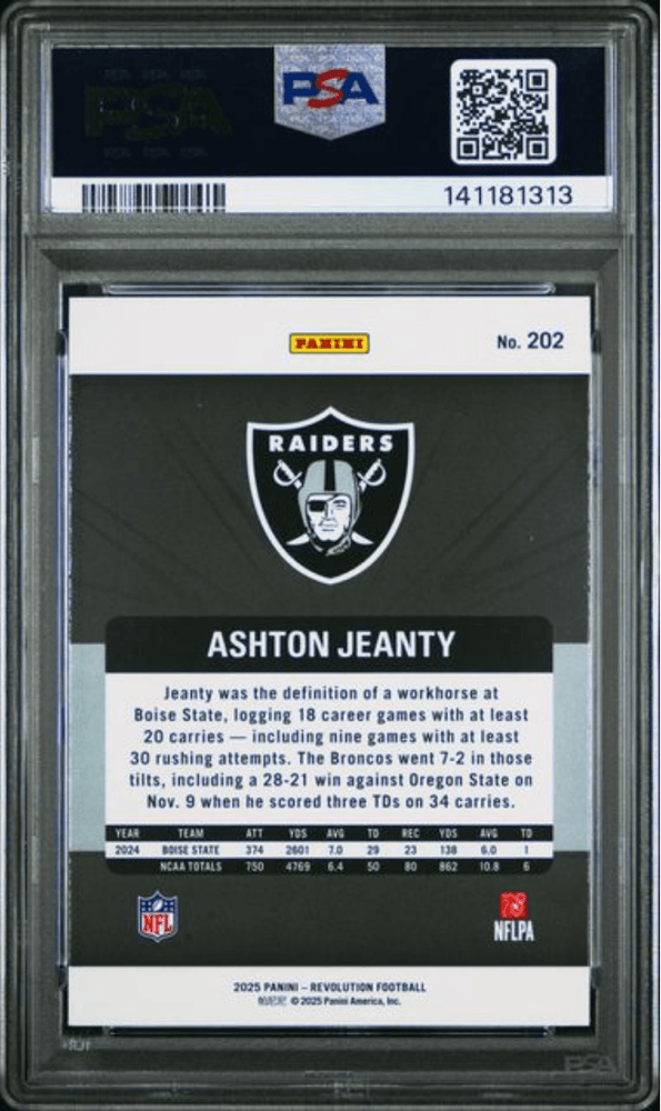 Graded 2025 Panini Revolution Ashton Jeanty #202 Rookie RC Football Card PSA 10 Gem Mint