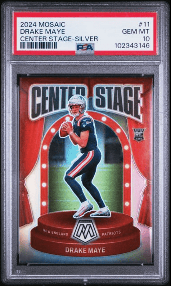 Graded 2024 Panini Mosaic Drake Maye #11 Center Stage Silver Rookie RC Football Card PSA 10 Gem Mint
