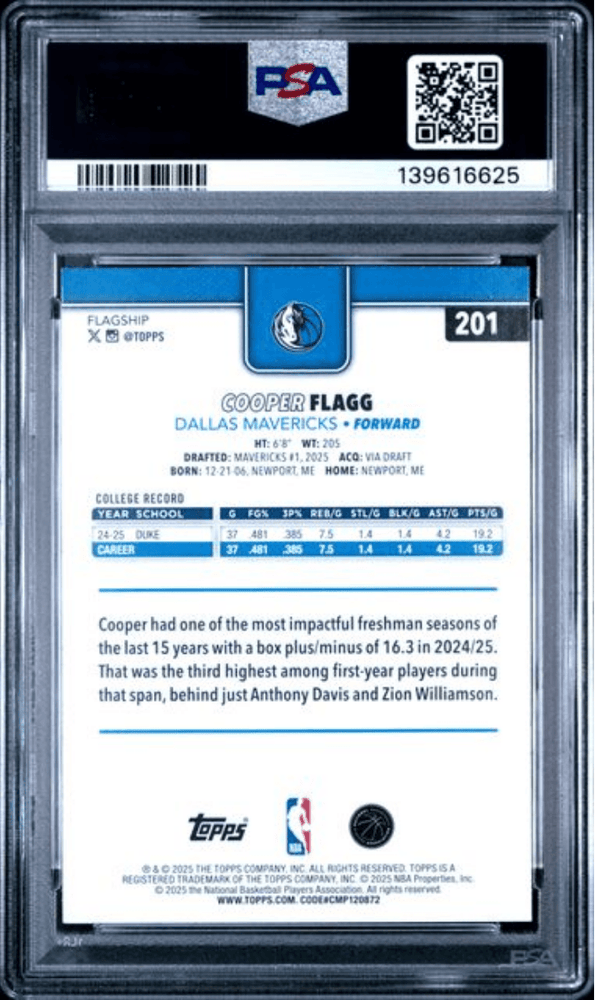 Graded 2025 Topps Cooper Flagg #201 Rookie RC Basketball Card PSA 9 Mint