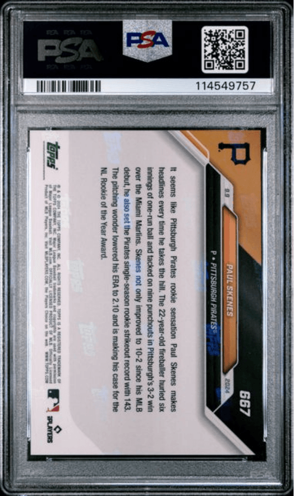 Graded 2024 Topps Now Paul Skenes #667 Sets Pirates Single Season Rookie Ks Record Rookie RC Baseball Card PSA 10 Gem Mint