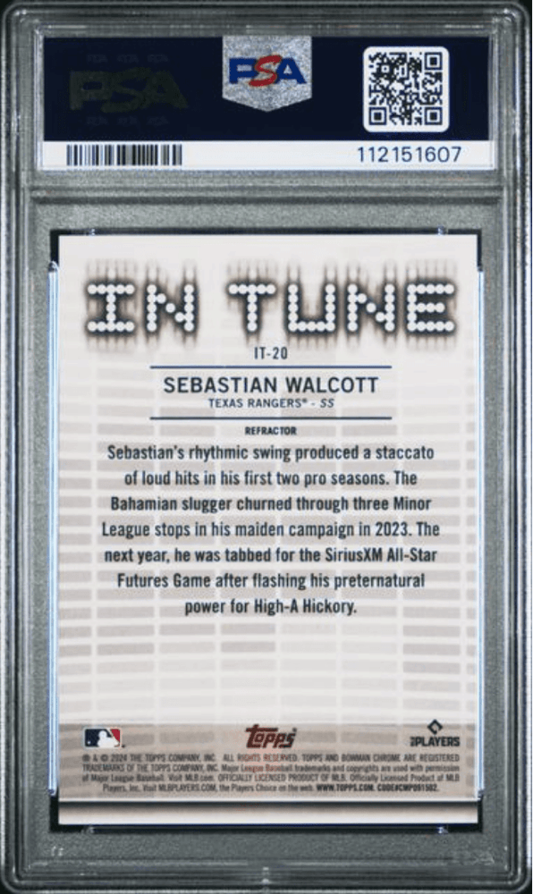 Graded 2024 Topps Bowman Draft Sebastian Walcott #IT20 In Tune Refractor /250 Rookie RC Baseball Card PSA 10 Gem Mint