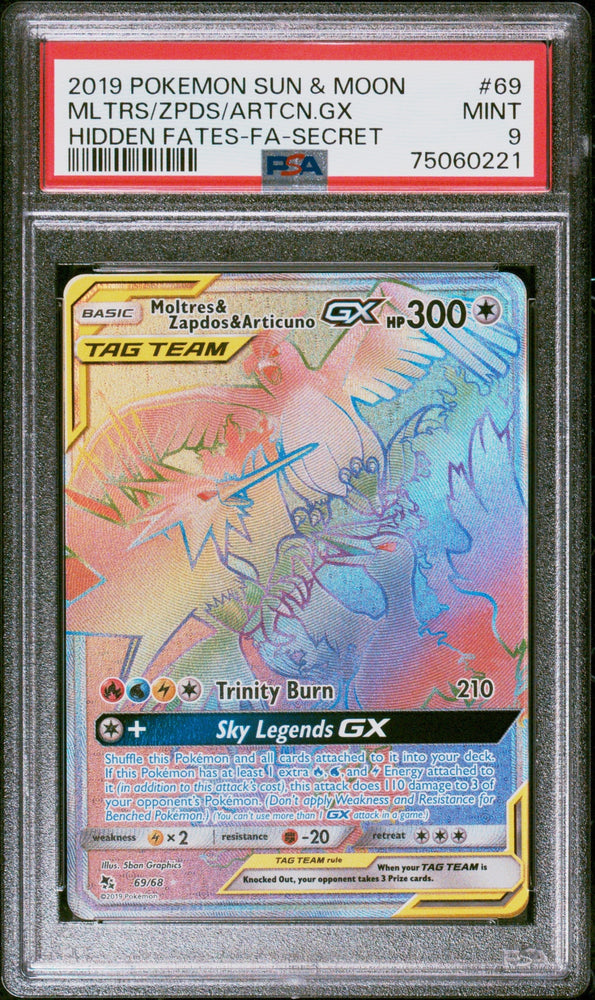 Graded 2019 PKM Sun & Moon Moltres/Zapdos/Articuno GX #69 Hidden Fates Trading Card Game PSA 9 Mint