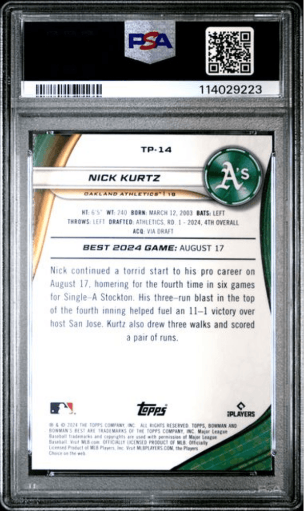 Graded 2024 Topps Bowmans Best Nick Kurtz #TP14 Top Prospects Aqua Lava /199 Rookie RC Baseball Card PSA 10 Gem Mint