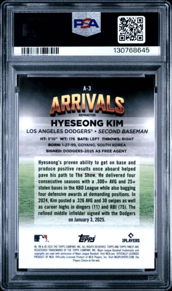 Graded 2025 Topps Finest Hyeseong Kim #A3 Arrivals Refractor Rookie RC Baseball Card PSA 10 Gem Mint