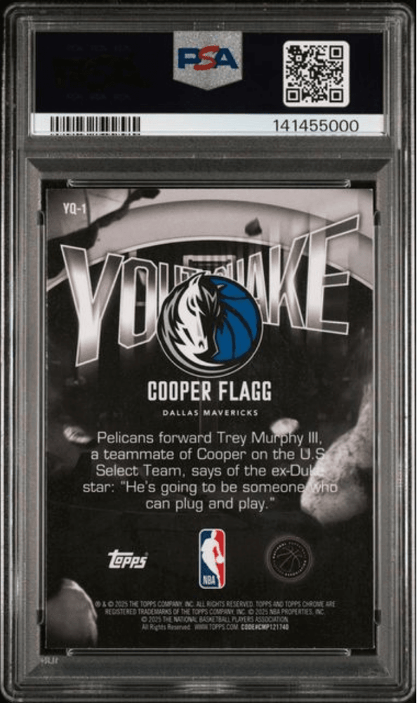 Graded 2025 Topps Chrome Cooper Flagg #YQ1 Youthquake Rookie RC Basketball Card PSA 10 Gem Mint