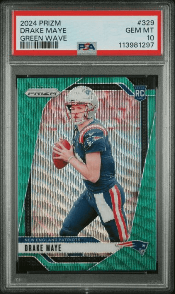 Graded 2024 Panini Prizm Drake Maye #329 Green Wave Rookie RC Football Card PSA 10 Gem Mint