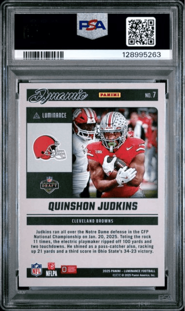Graded 2025 Panini Luminance Quinshon Judkins #7 Dynamic Rookies Rookie RC Football Card PSA 10 Gem Mint