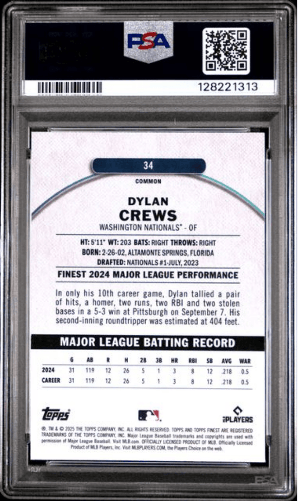 Graded 2025 Topps Finest Dylan Crews #34 Checkerboard Refractor Rookie RC Baseball Card PSA 10 Gem Mint