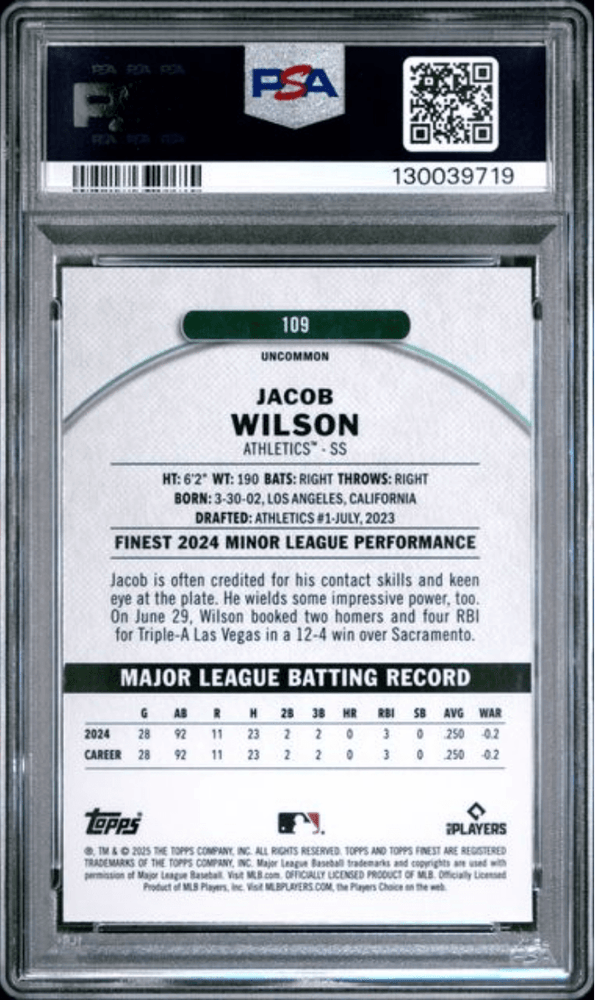 Graded 2025 Topps Finest Jacob Wilson #109 Checkerboard Refractor Rookie RC Baseball Card PSA 10 Gem Mint